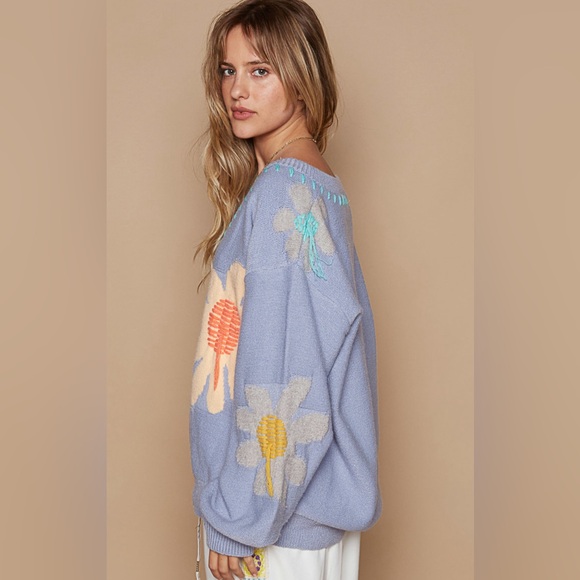 #065 Last 1! POL Floral Print Blue Sweater - Picture 7 of 10